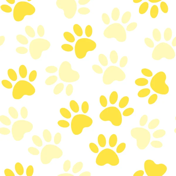 Gula paw print sömlös. Vektor illustration djur tass spår mönster. bakgrund med silhuetter av katt eller hund fotavtryck. — Stock vektor