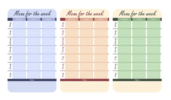 3 kolor opcje menu na tydzień. szablon dla Dziennik żywności. plan posiłków dla tydzień wektor — Wektor stockowy
