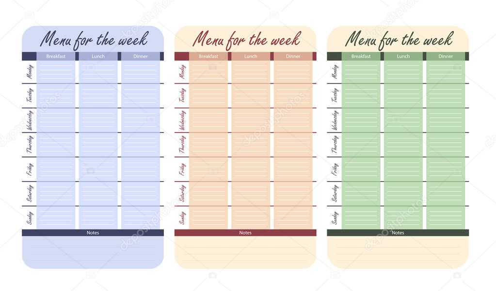 3 color menu options for the week. template for food diary. meal plan for the week vector