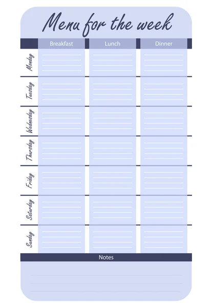 Hafta için mavi menü seçenekleri. beslenme günlüğü şablonu. yemek planı hafta vektör için — Stok Vektör