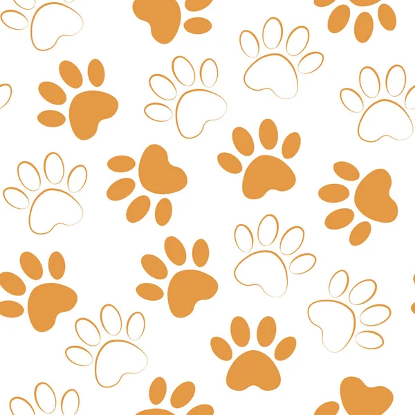 Paw orange print seamless. Vector illustration animal paw track pattern. backdrop with silhouettes of cat or dog footprint. — Stock Vector