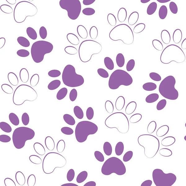 Tass lila print sömlös. Vektor illustration djur tass spår mönster. bakgrund med silhuetter av katt eller hund fotavtryck. — Stock vektor