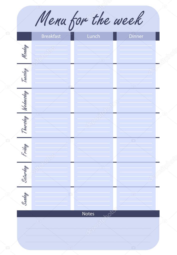 blue menu options for the week. template for food diary. meal plan for the week vector