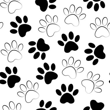 Pençe siyah baskı sorunsuz. Vektör çizim hayvan pençe parça desen. zemin siluetleri kedi ya da köpek ayak izi ile.