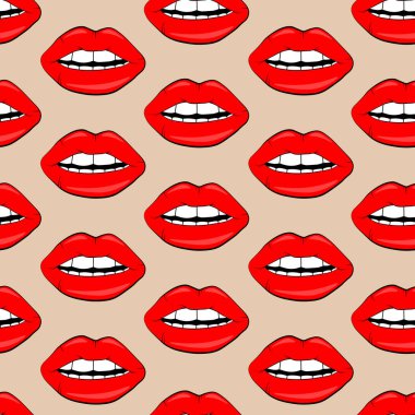 Kozmetik ve makyaj dudak seamless modeli. güzel dudaklar kadının kırmızı ruj ve parlak. Seksi vektör dudak arka planlar. karikatür tarzı