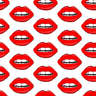 Kozmetik ve makyaj dudak seamless modeli. güzel dudaklar kadının kırmızı ruj ve parlak. Seksi vektör dudak arka planlar. karikatür tarzı