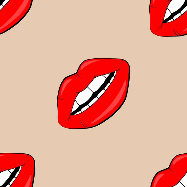 Cosméticos y maquillaje labios patrón sin costuras. labios hermosos de mujer con lápiz labial rojo y brillo. Fondo de labios vector sexy. estilo de dibujos animados — Archivo Imágenes Vectoriales