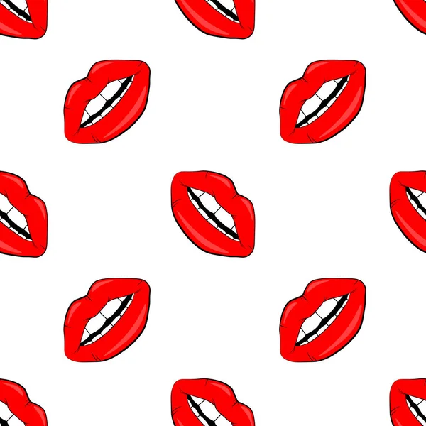 화장품과 메이크업 입술이 완벽 한 패턴. 빨간 립스틱과 광택을 가진 여자의 아름 다운 입술. 섹시 한 벡터 립 배경입니다. 만화 스타일 — 스톡 벡터