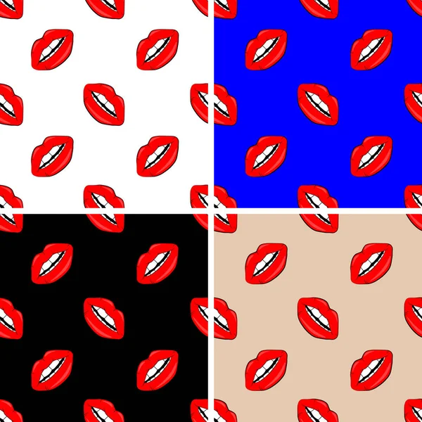 Conjunto de labios patrón sin costuras. labios hermosos de mujer con lápiz labial rojo y brillo. Fondo de labios vector sexy. estilo de dibujos animados — Archivo Imágenes Vectoriales