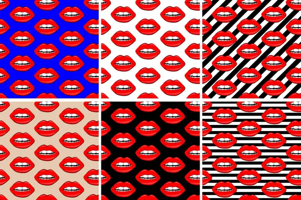 Conjunto de labios patrón sin costuras. labios hermosos de mujer con lápiz labial rojo y brillo. Fondo de labios vector sexy. estilo de dibujos animados — Archivo Imágenes Vectoriales