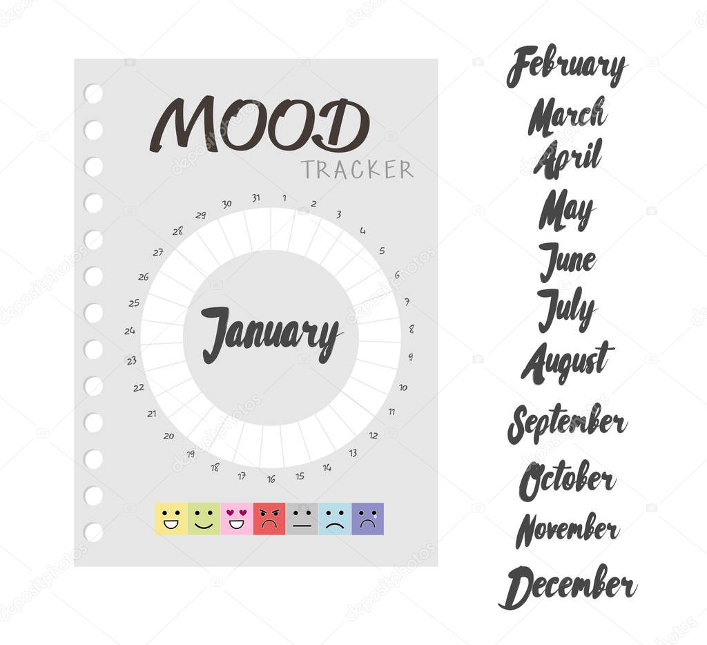 set of mood diary for a month. mood tracker calendar. keeping track of emotional state