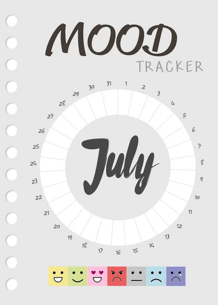 Pamiętnik nastroju na miesiąc. Mood Tracker kalendarz lipca. Śledzenie stanu emocjonalnego — Wektor stockowy