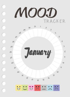 Bir ay boyunca ruh hali günlüğü. Mood Tracker Ocak takvimi. duygusal durumun izini tutmak