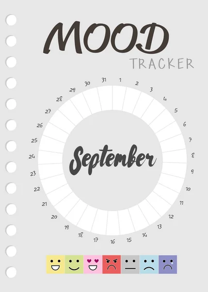 Pamiętnik nastroju na miesiąc. Mood Tracker kalendarz wrześniowy. Śledzenie stanu emocjonalnego — Wektor stockowy
