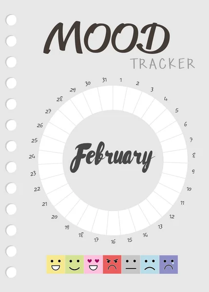 Pamiętnik nastroju na miesiąc. Mood Tracker kalendarz lutego. Śledzenie stanu emocjonalnego — Wektor stockowy