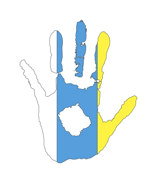 Vector handprint in the form of the flag of Canary Islands. blue, white, yellow color of the flag — Stock Vector