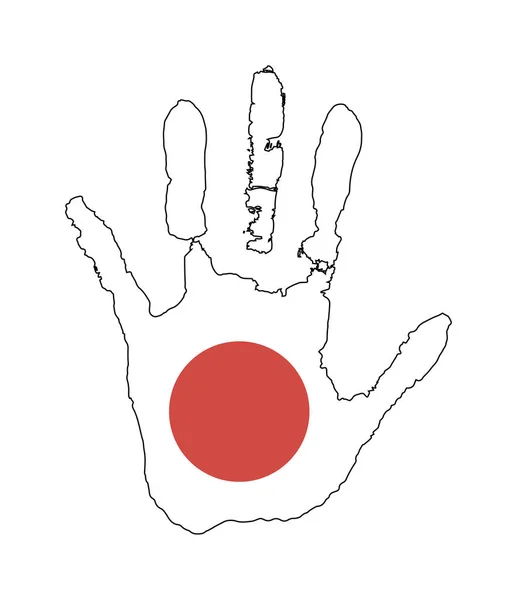矢量手印在日本国旗的形式。 红白相间的国旗。 红色圆圈-太阳的象征 — 图库矢量图片
