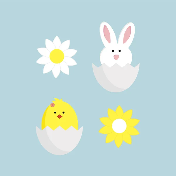 Huevo de Pascua caza cartel vector.Cute dibujos animados feliz pájaro de pollo de Pascua, conejo . — Vector de stock