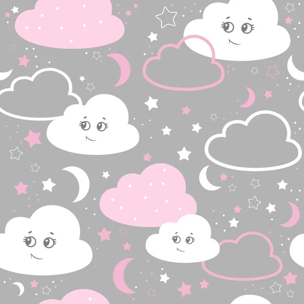 Barn sömlösa mönster med söta rosa moln, stjärnor på en grå bakgrund. vektor illustration baby sömlösa mönster — Stock vektor