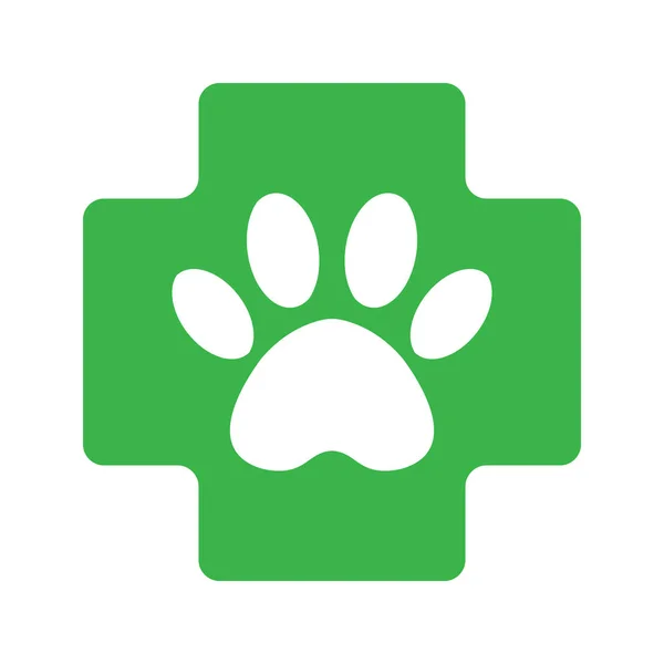 Zelený kříž s ikonou pro veterinární péči tlapy. Značka veterinární lékárny — Stockový vektor