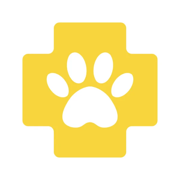 Yellow cross with paw veterinary care symbol icon. veterinary pharmacy sign — Stock Vector