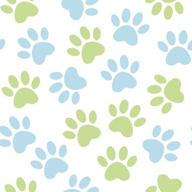 Pençe mavi ve yeşil baskı sorunsuz. Vektör illüstrasyon hayvan pençe parça desen. kedi veya köpek ayak izi siluetleri ile fon.