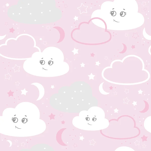 Patrón sin costuras para niños con lindas nubes, estrellas sobre un fondo rosa. vector ilustración bebé patrón sin costura — Archivo Imágenes Vectoriales