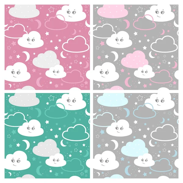 Set children seamless pattern with cute clouds, stars. vector illustration baby seamless pattern — Stock Vector