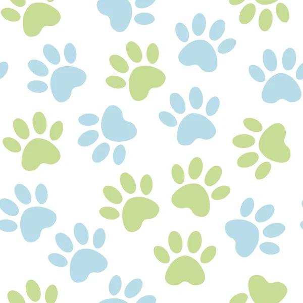 Paw blue and green print seamless. Vector illustration animal paw track pattern. backdrop with silhouettes of cat or dog footprint.