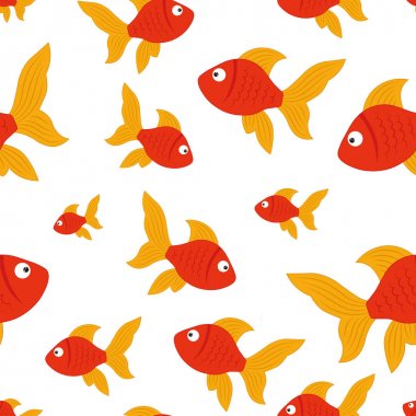 Kırmızı balıklar ile vektör sorunsuz arka plan. Ambalaj, tekstil, dekor, dekor için balık Sevimli çocuk illüstrasyon.