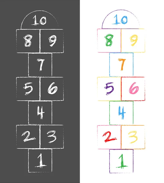 Illustration mit Hopscotch-Spiel. Kinder-Straßenspiel. Spielplatz mit Zahlen. — Stockvektor