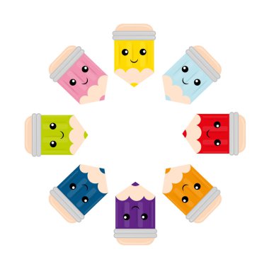 Kawaii okul malzemeleri seti. Çocuk vektörü düz eğitim illüstrasyonu. Okula geri dön. sevimli çizgi film karakterleri - kalem.