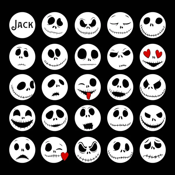 Cadılar Bayramı Yüzleri Vektör Koleksiyonu. Noel'den önceki kabus. Jack Skellington' ı. halloween jack siluetleri yüzleri.