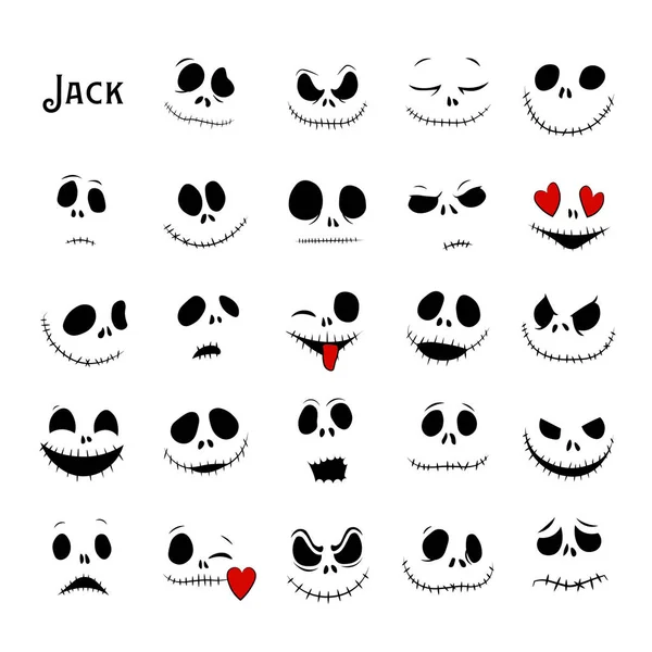 Cadılar Bayramı Yüzleri Vektör Koleksiyonu. Noel'den önceki kabus. Jack Skellington' ı. halloween jack siluetleri yüzleri.