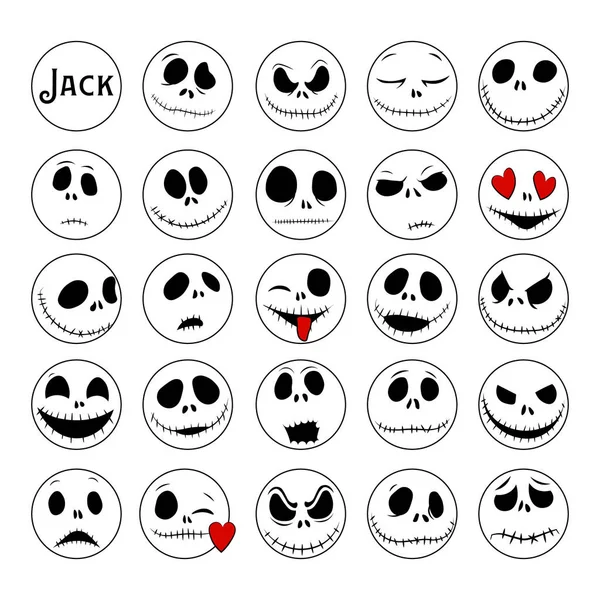 Vektorsammlung von Halloween-Gesichtern. der Albtraum vor Weihnachten. Jack Skellington. Halloween Jack Gesichter Silhouetten. — Stockvektor