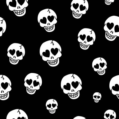 Kalpler ve kafatasları ile dikişsiz arka plan. Kafatası kalp düzenini sever. Ölümcül amur arka plan. Vektör dokusu