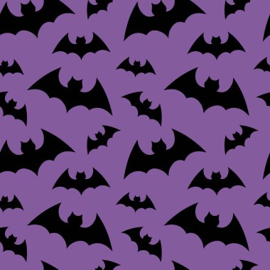 Cadılar Bayramı tasarımı için yarasa siluetleri ile vektör desen arka plan. Mor arka plan üzerinde yarasalar desen sürüsü. Cadılar Bayramınız Kutlu Olsun