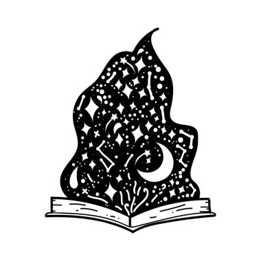 Sihirli parlaklık ile açılan kitap izole beyaz arka plan. Beyaz yıldızların uçtuğu açık kitap. Düz vektör çizimi. Sihirli okuma. Peri masalı piktogramı. çocuklar için çizim kitabı.