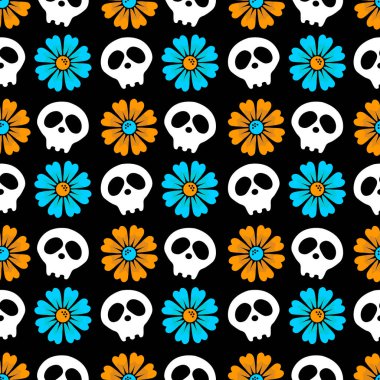 Çiçek ve kafatasları ile Vektör sorunsuz siyah arka plan. Ölüler günü. Cadılar Bayramınız Kutlu Olsun. sadece şenlikli düz arka plan