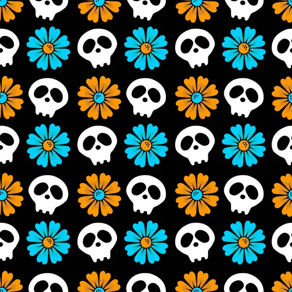 Vector naadloze zwarte achtergrond met bloemen en schedels. Dag van de doden. Vrolijke Halloween. gewoon feestelijke platte achtergrond — Stockvector