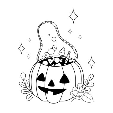 Şeker ile El Çizilmiş kabak sepeti. vektör illüstrasyon Halloween kabak