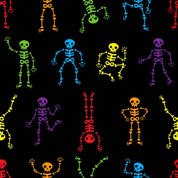Halloween squelettes de danse motif sans couture. Squelettes colorés drôles sur le fond noir. Des squelettes dansant à une fête. Squelettes humains dans diverses poses. Joyeux Halloween — Image vectorielle