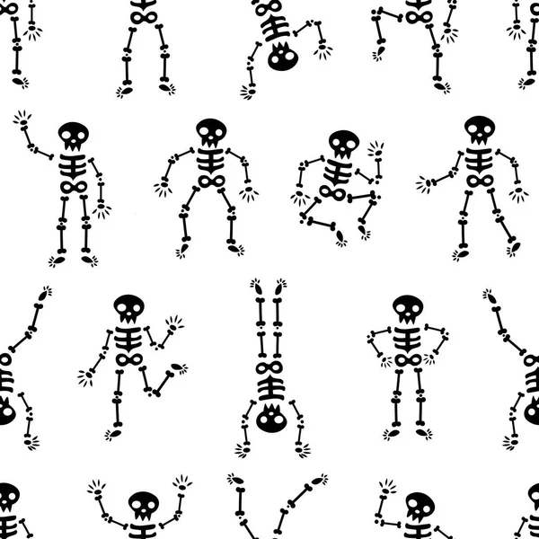 Halloween dansende skeletten naadloos patroon. Grappige zwarte skeletten op de witte achtergrond. Skeletten dansen op een feestje. Menselijke skeletten in verschillende houdingen. Gelukkige Halloween — Stockvector