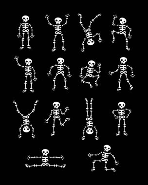 İskeletler dans ediyor. Komik dans iskelet vektör illüstrasyon arka plan. çalışan ve beyaz iskeletler atlama. Cadılar Bayramınız Kutlu Olsun. Ölüler günü