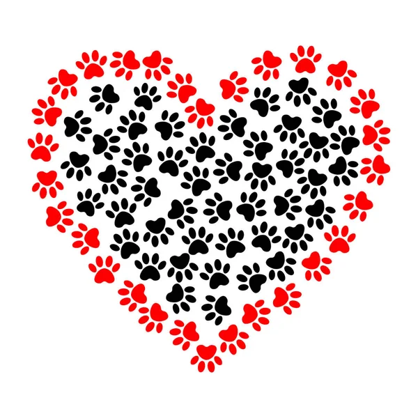 Empreintes de chien en forme de coeur illustration. Coeur vif vectoriel avec empreinte de patte de chien symbole. Cadre en forme de coeur fait d'empreintes de pattes d'animaux . — Image vectorielle