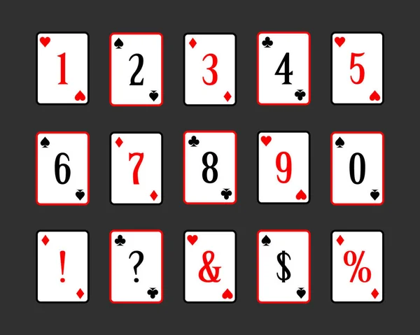 Pokrového číslic a interpunkční znaménka. Vektorová ilustrace. hrací karty s čísly a značkami. znak dolaru a procenta — Stockový vektor