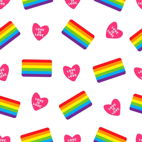 Patrón inconsútil colorido con corazón y bandera LGBT. Patrón sin costuras vectorial con bandera gay. Símbolo de orgullo LGBT. Elemento de diseño para tela, banner, papel pintado o papel de regalo, póster . — Archivo Imágenes Vectoriales