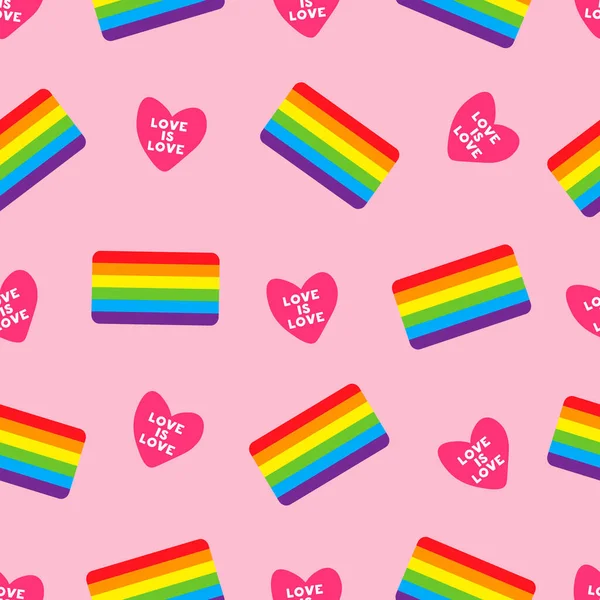 Patrón inconsútil colorido con corazón y bandera LGBT. vector rosa patrón sin costuras con bandera gay. Símbolo de orgullo LGBT. Elemento de diseño para tela, banner, papel pintado o papel de regalo, póster . — Archivo Imágenes Vectoriales