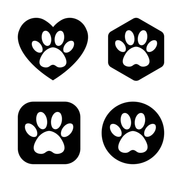 Stopa tlapky v srdci, kruhu, čtverci, šestiúhelníku. logo vektorové kočky a psí tlapky — Stockový vektor
