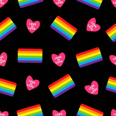 Kalp ve Lgbt bayrağı ile renksiz desen. Eşcinsel bayrağı taşıyan kusursuz siyah desenli bir vektör. Lgbt gurur sembolü. Kumaş, pankart, duvar kağıdı veya hediye paketi için tasarım ögesi, poster.